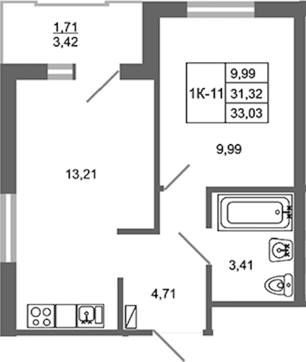 1-комнатная квартира 33.03 м², 11/17 эт., ЖК «Стороны Света 2»
